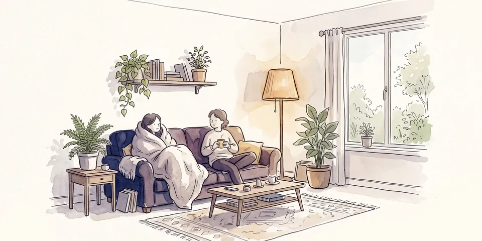 Watercolor of two friends relaxing on a sofa in a calm, plant-filled living room