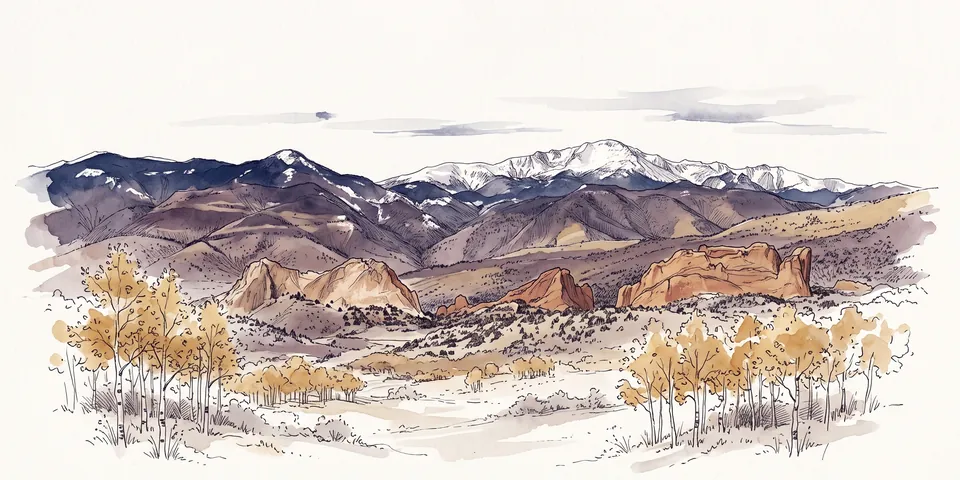 Watercolor of Colorado's Front Range with snowy peaks, red rock formations and golden aspens
