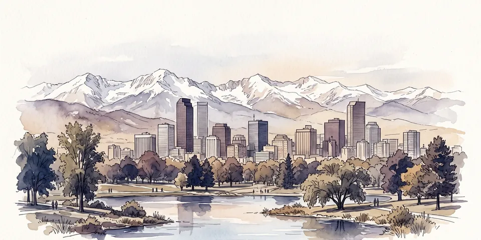 Watercolor of the Denver skyline from a city park lake with the Rocky Mountains behind