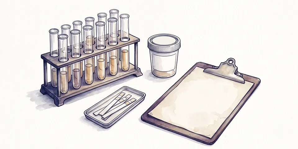 Watercolor of laboratory test tubes in a rack, a specimen cup, test strips and a clipboard
