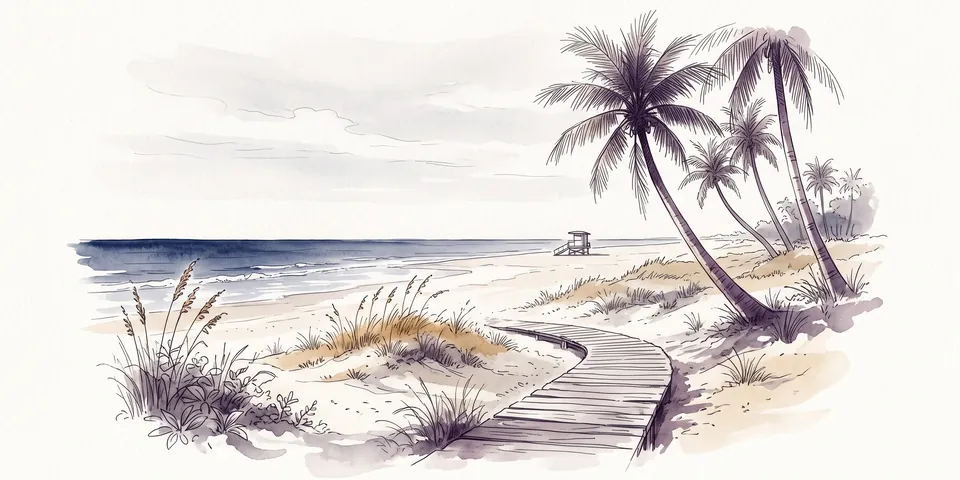 Watercolor of a Florida beach with sea oats on the dunes, palm trees and a wooden boardwalk