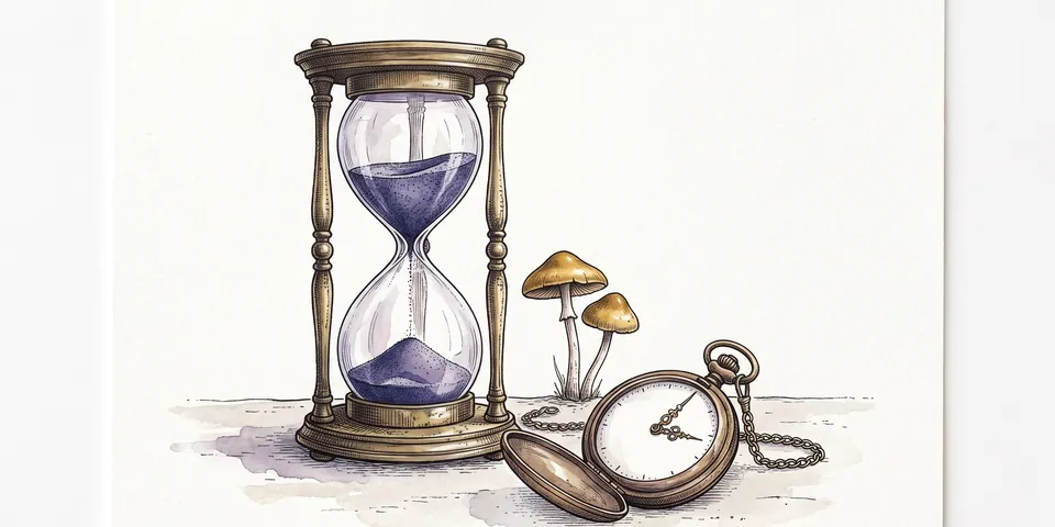 Watercolor of an antique hourglass with indigo sand beside small mushrooms and a pocket watch