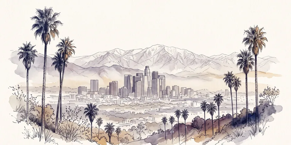 Watercolor of the Los Angeles skyline seen from the hills with palm trees and the San Gabriel Mountains