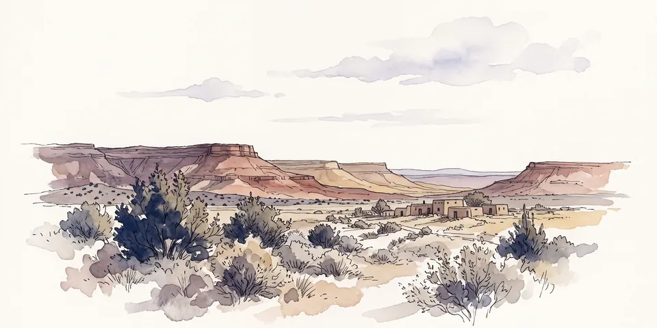 Watercolor of New Mexico high desert with red mesas, juniper and adobe buildings
