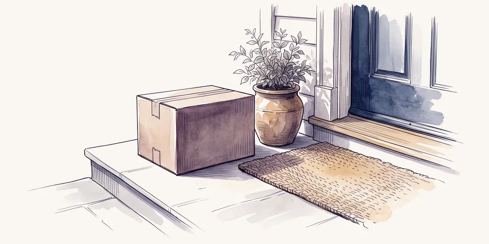 Watercolor of a plain cardboard box on a front doorstep beside a doormat and a potted plant