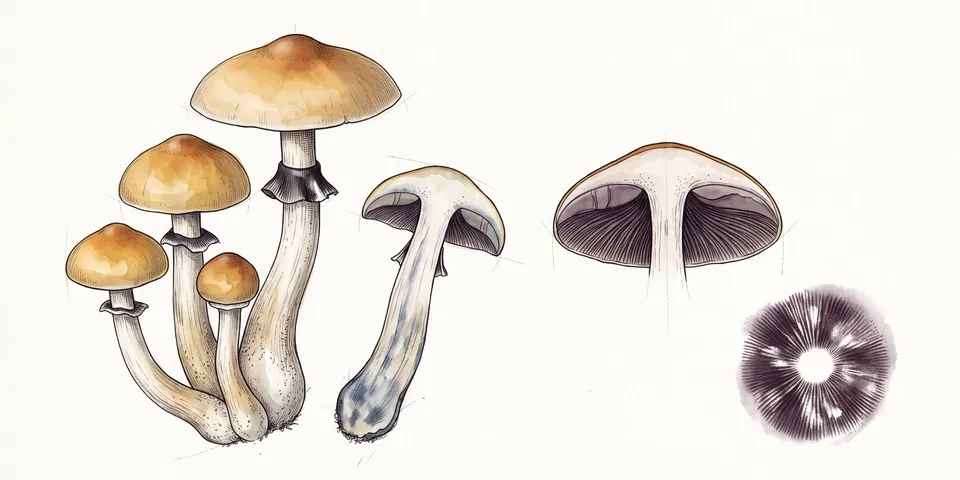 Field-guide watercolor of Psilocybe cubensis mushrooms with a cut stem bruising blue, a gill cross-section and a purple-brown spore print