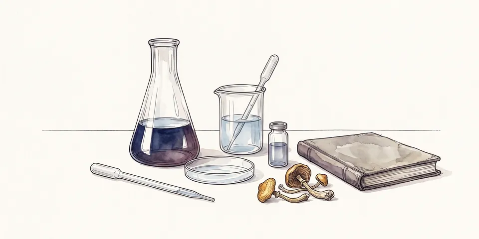 Watercolor still life of laboratory glassware, a petri dish and dried mushrooms beside a notebook