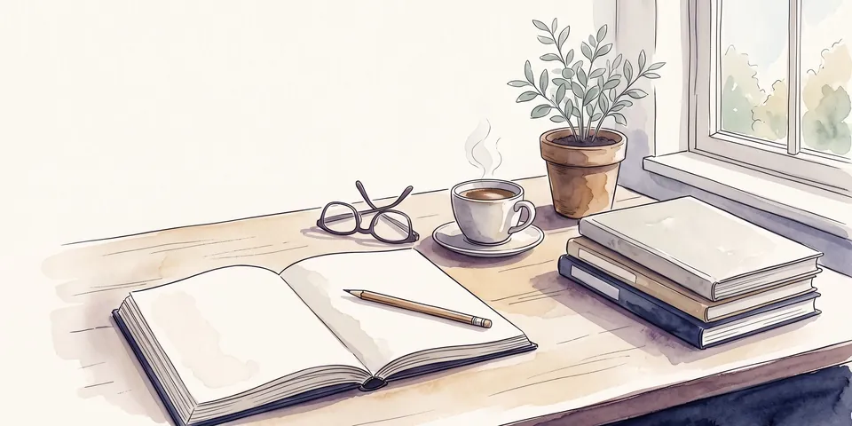 Watercolor of a morning desk with an open notebook, glasses, coffee and a stack of journals