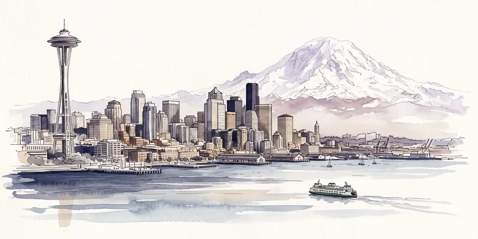 Watercolor of the Seattle skyline and Space Needle across Elliott Bay with Mount Rainier behind